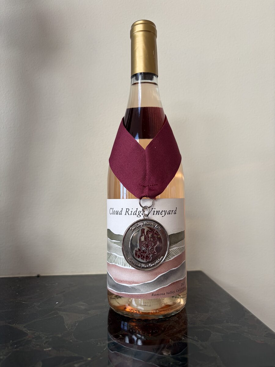 Cloud Ridge Rosé bottle with a silver medal ribbon